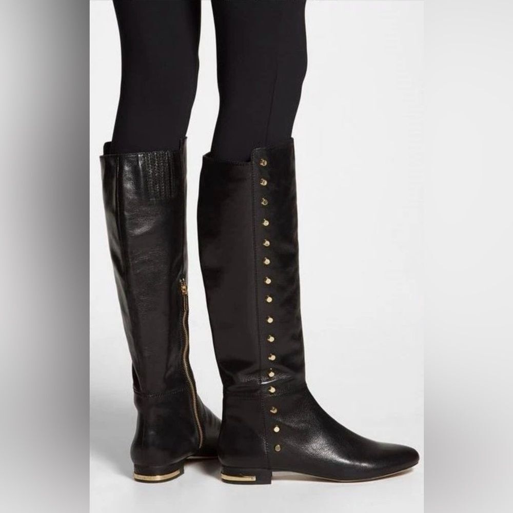 Michael Kors Ailee Black Leather Knee-High Flat Boots Gold Studs Size 5.5 EUC